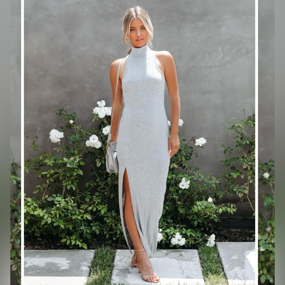 Vici grey maguire mock neck slit maxi dress
